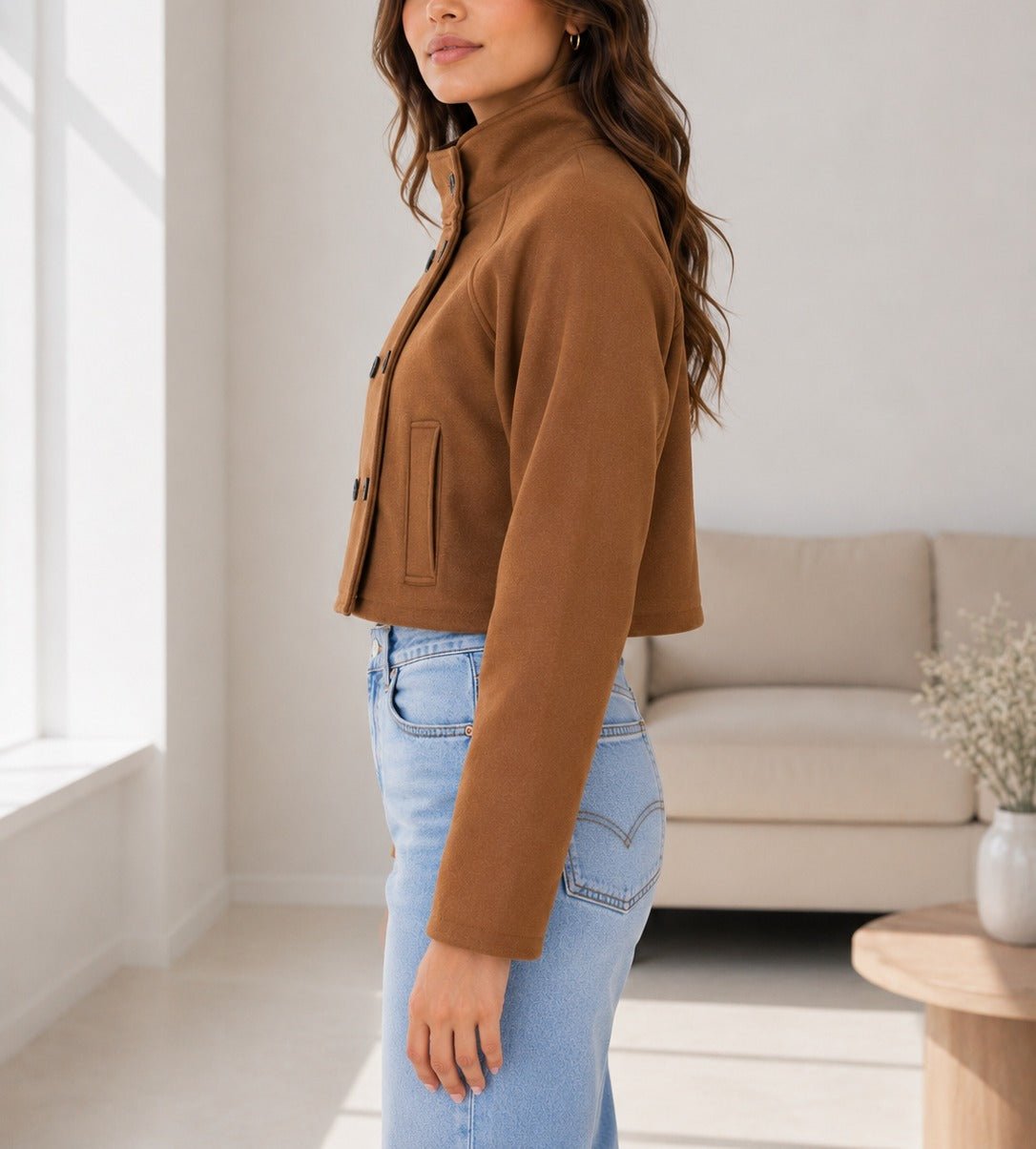 Ladies Tan Double Breasted Crop Jacket - StylePhase SA