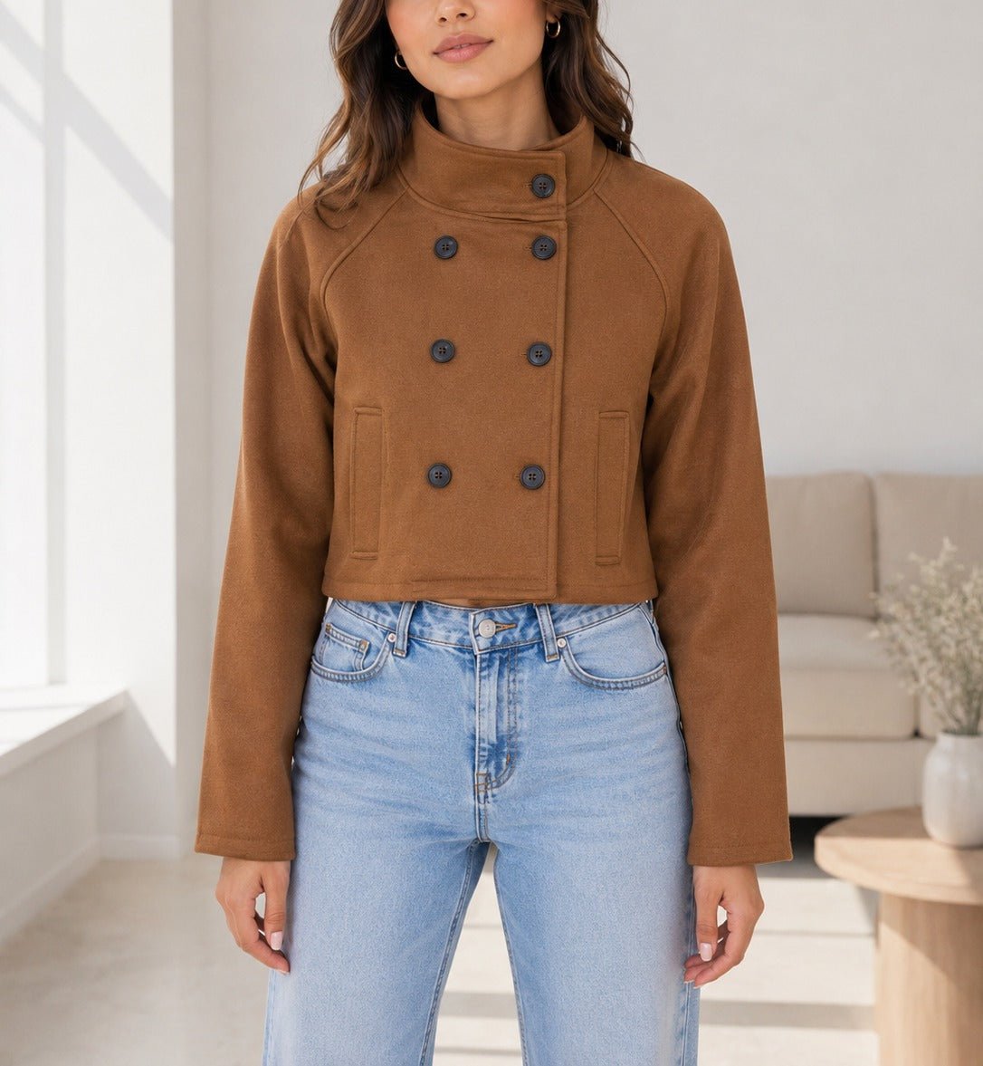 Ladies Tan Double Breasted Crop Jacket - StylePhase SA