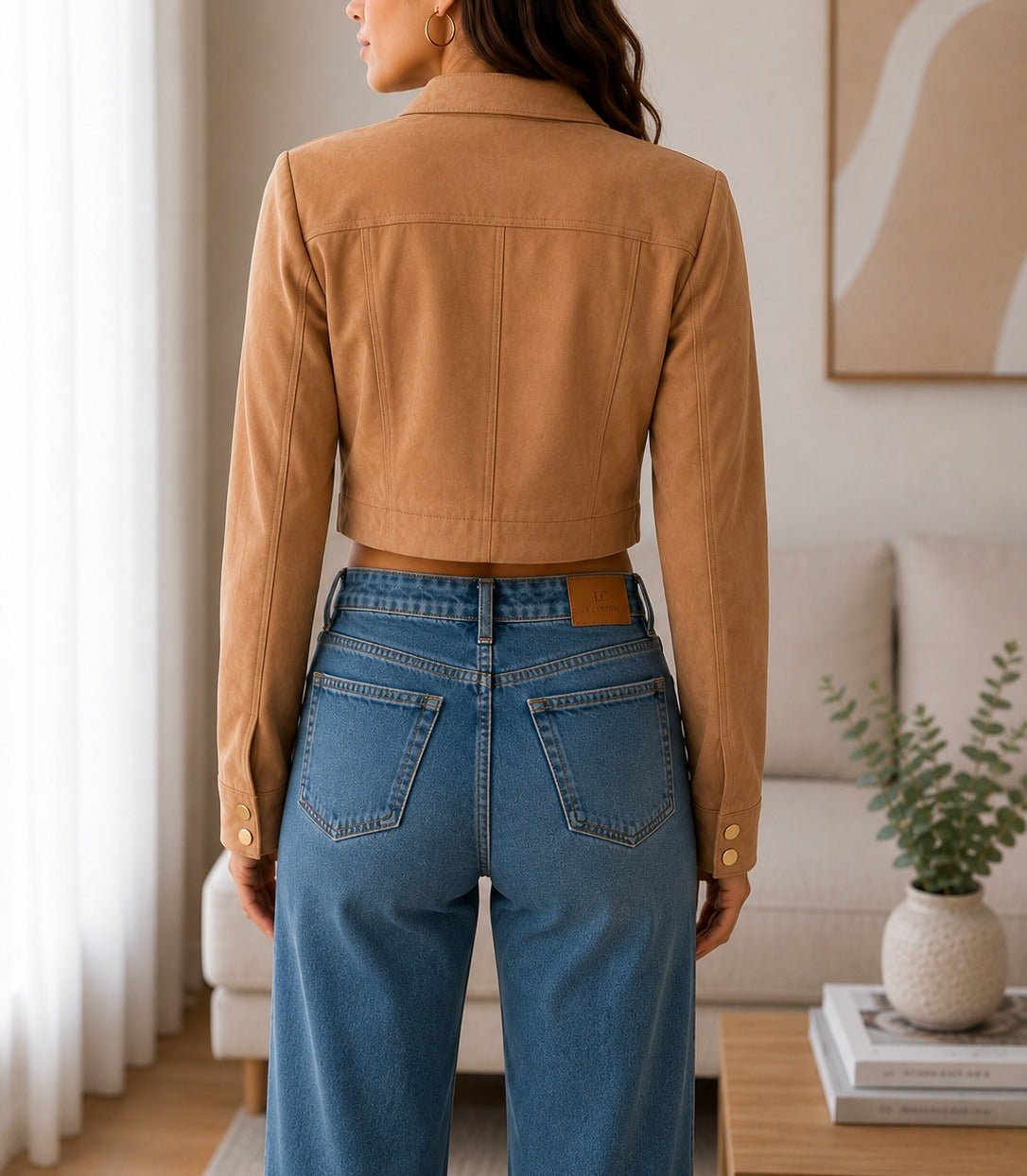 Ladies Tan Faux Suede Cropped Jacket - StylePhase SA