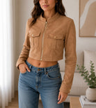 Ladies Tan Faux Suede Cropped Jacket - StylePhase SA