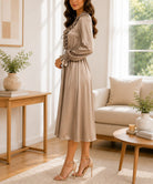 Ladies Tan Satin Ruffle V-Neck Dress - StylePhase SA