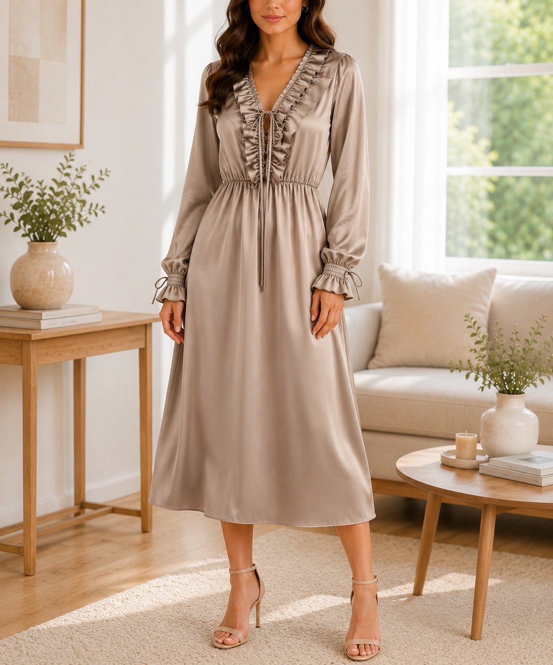 Ladies Tan Satin Ruffle V-Neck Dress - StylePhase SA