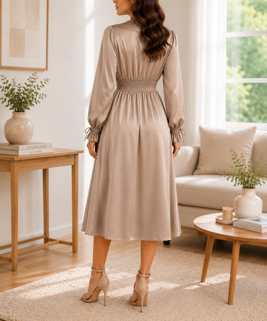 Ladies Tan Satin Ruffle V-Neck Dress - StylePhase SA