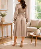 Ladies Tan Satin Ruffle V-Neck Dress - StylePhase SA