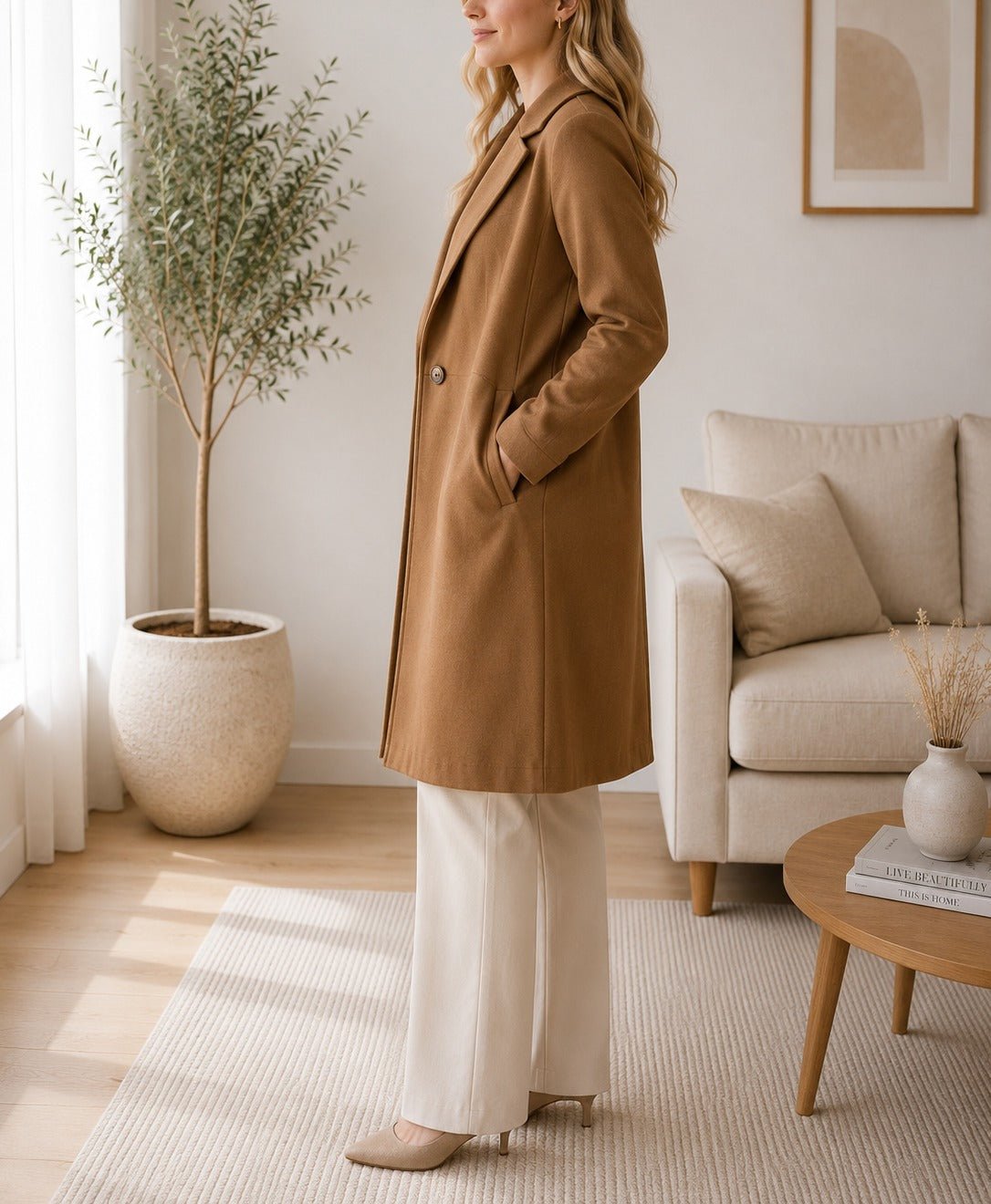 Ladies Tan Single Button Melton Open Coat - StylePhase SA