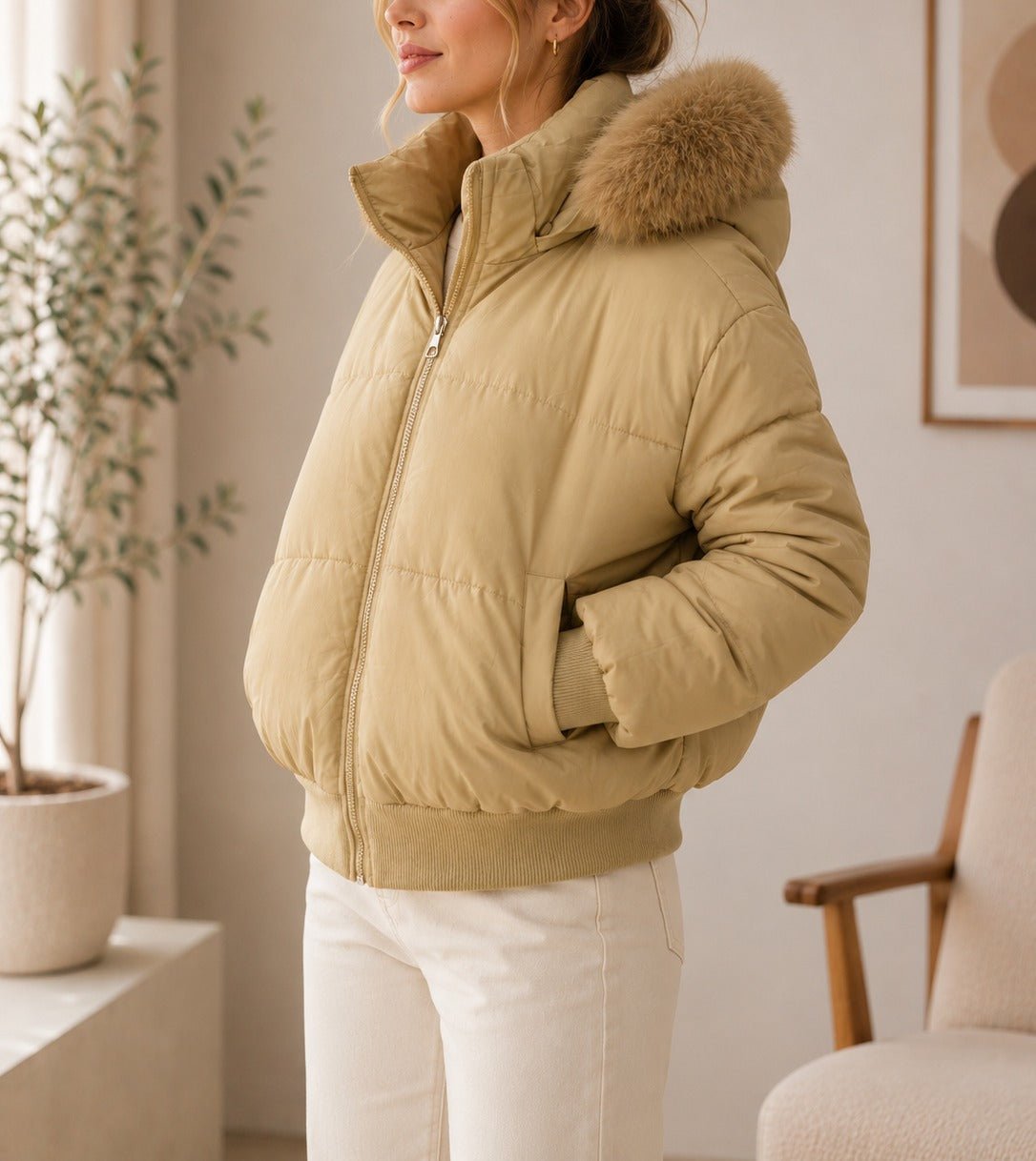 Ladies Tan Zip Front Hoody Jacket - StylePhase SA