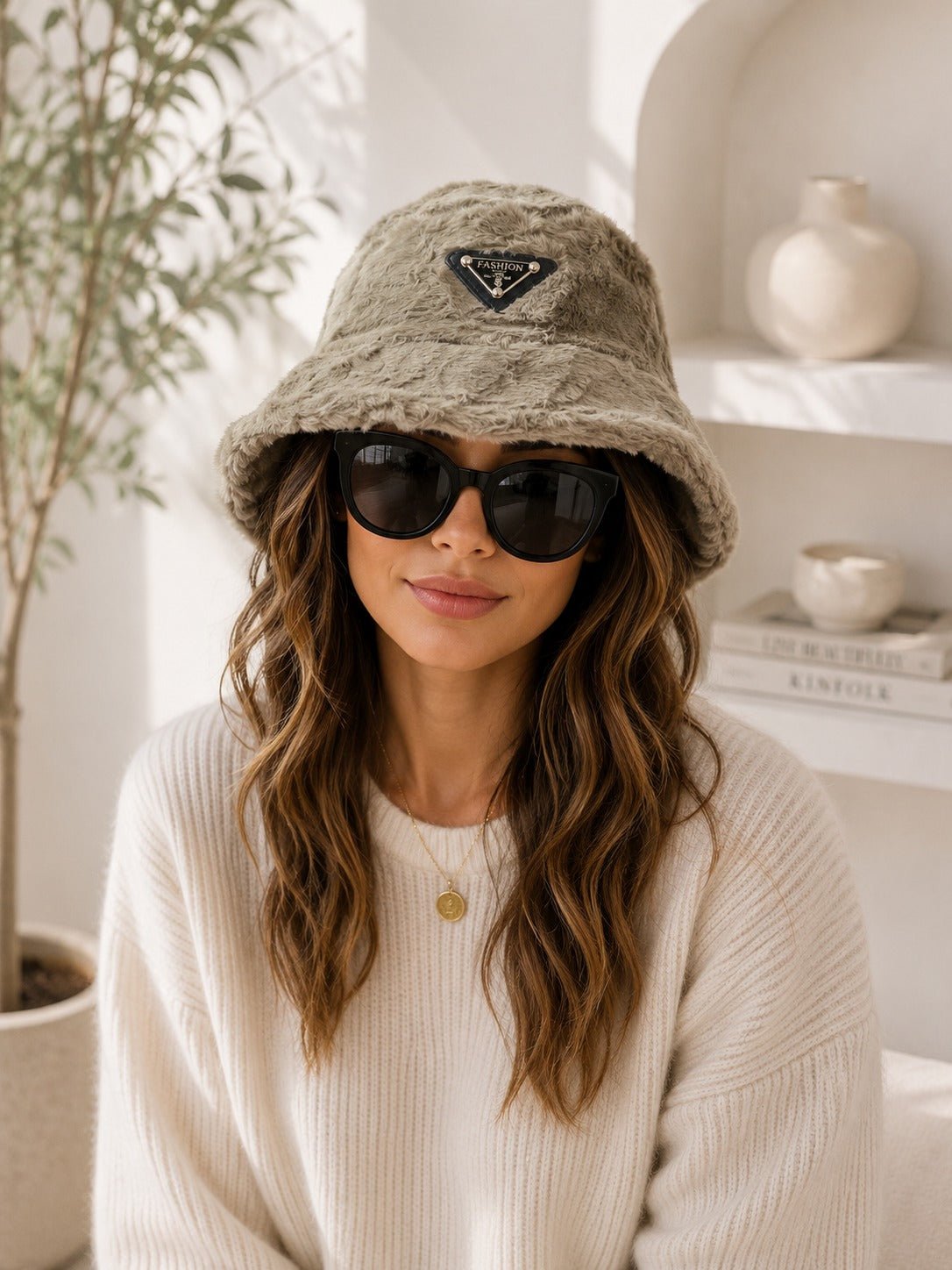 Ladies Taupe Faux Fur Bucket Hat - StylePhase SA