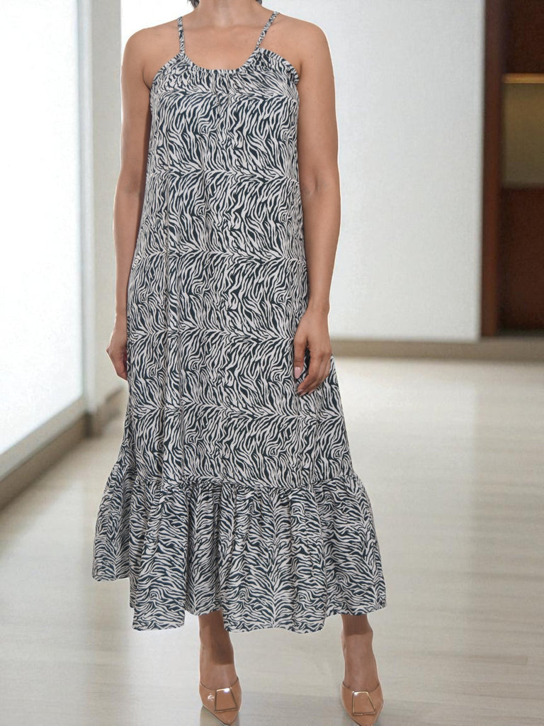 Ladies Teal And Cream Printed Strappy Ruffle End Dress - StylePhase SA