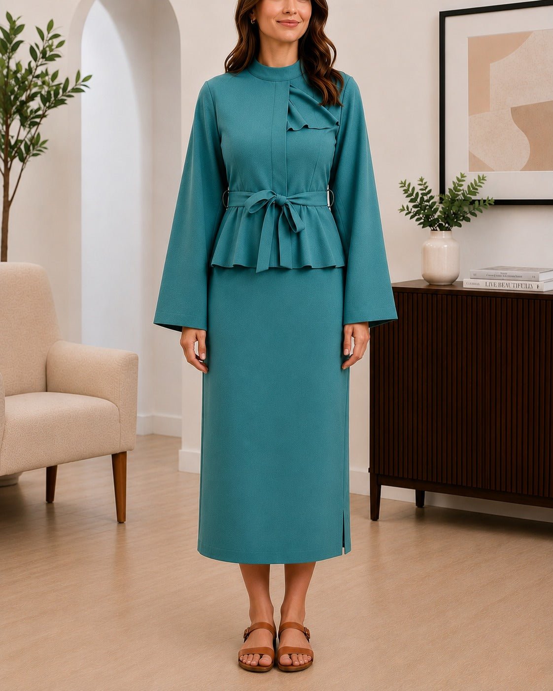 Ladies Teal Belted Peplum Midi Dress - StylePhase SA