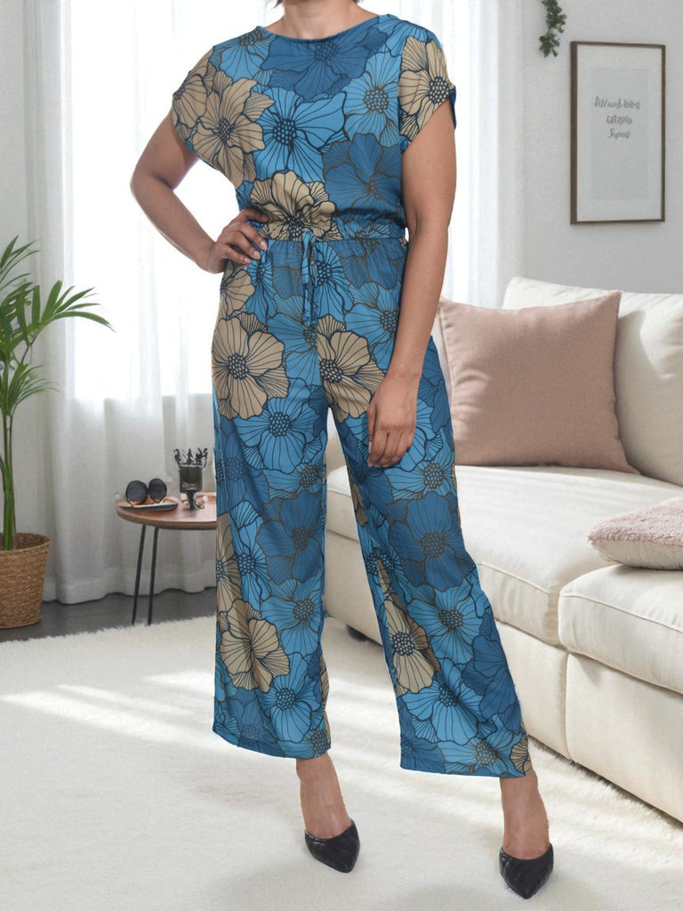 Ladies Teal Floral Wide Leg Jumpsuit - StylePhase SA