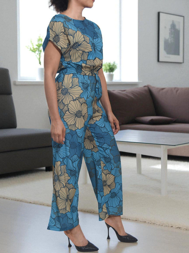 Ladies Teal Floral Wide Leg Jumpsuit - StylePhase SA