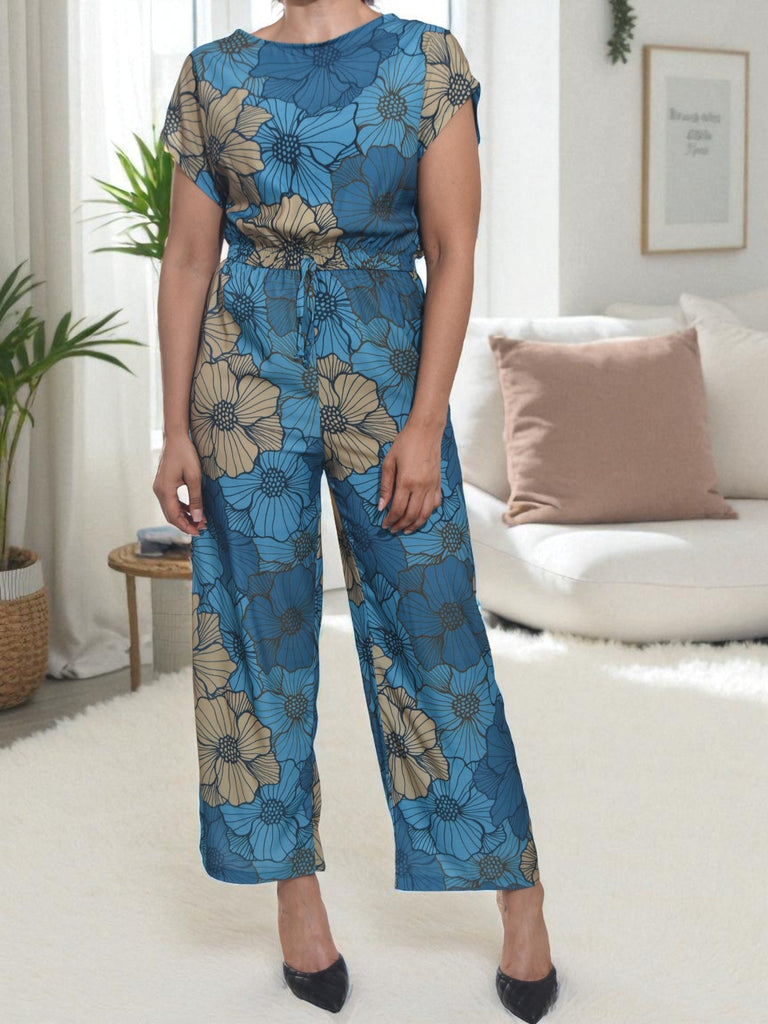 Ladies Teal Floral Wide Leg Jumpsuit - StylePhase SA