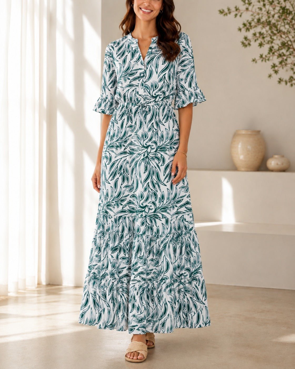 Ladies Teal Leaf Print Ruffle Sleeve Dress - StylePhase SA
