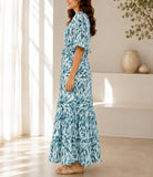 Ladies Teal Leaf Print Ruffle Sleeve Dress - StylePhase SA