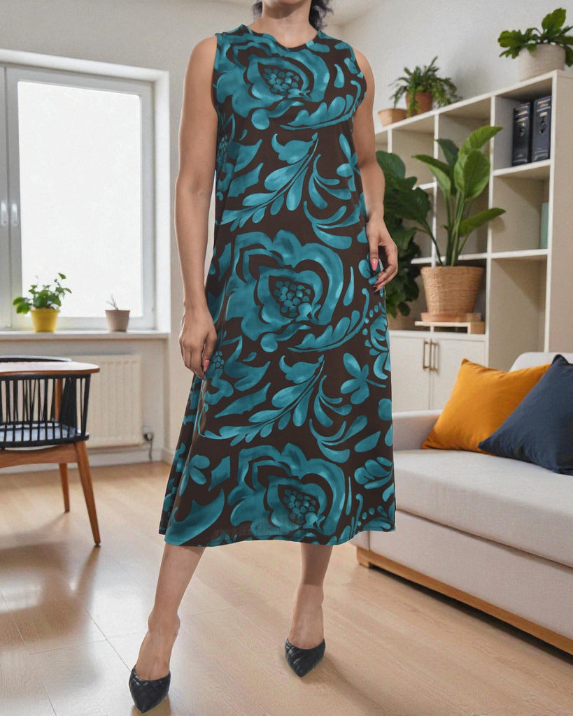 Ladies Teal Rose Midi Sleeveless Dress - StylePhase SA