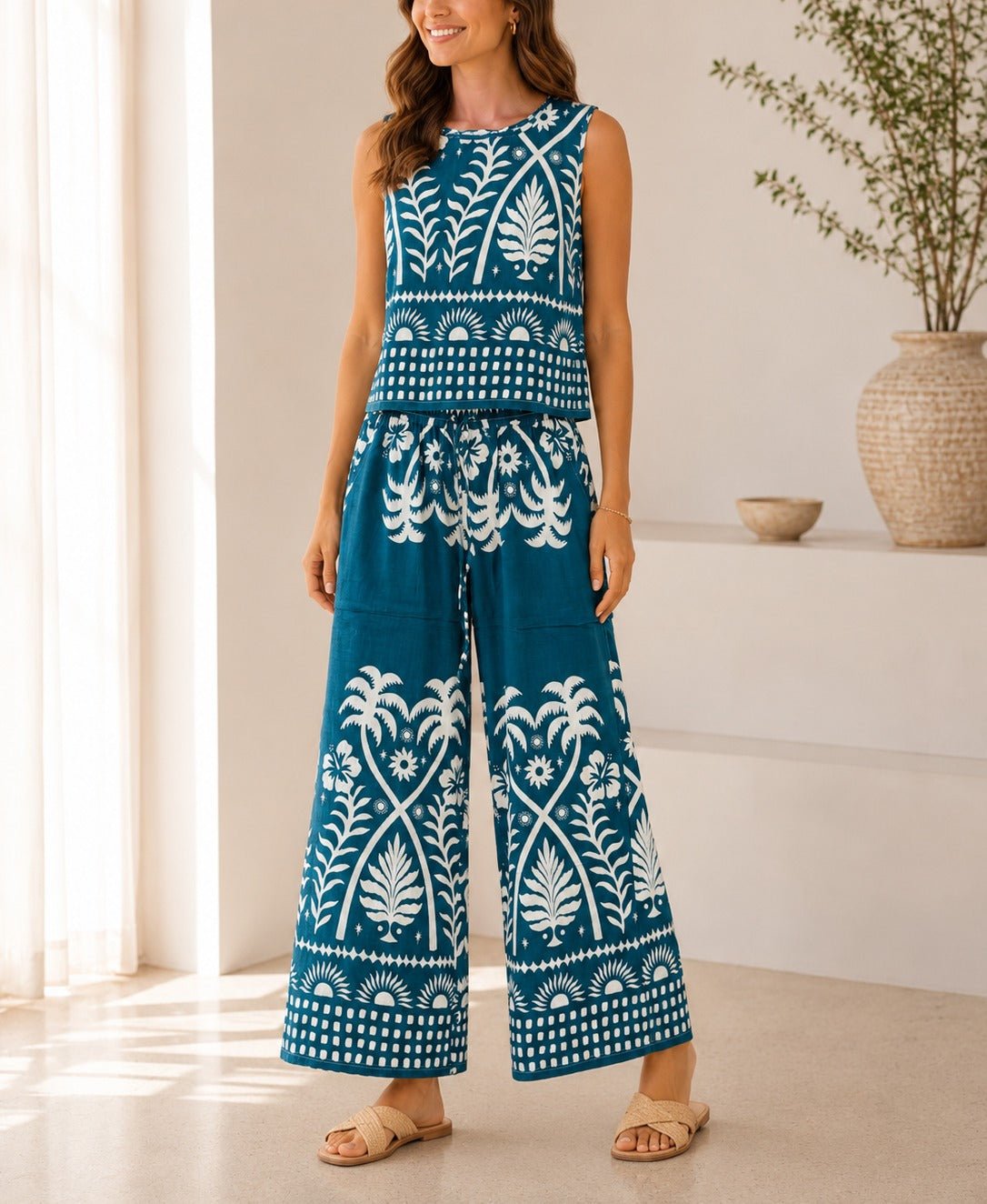 Ladies Teal Tropical Print Wide Leg Two Piece - StylePhase SA
