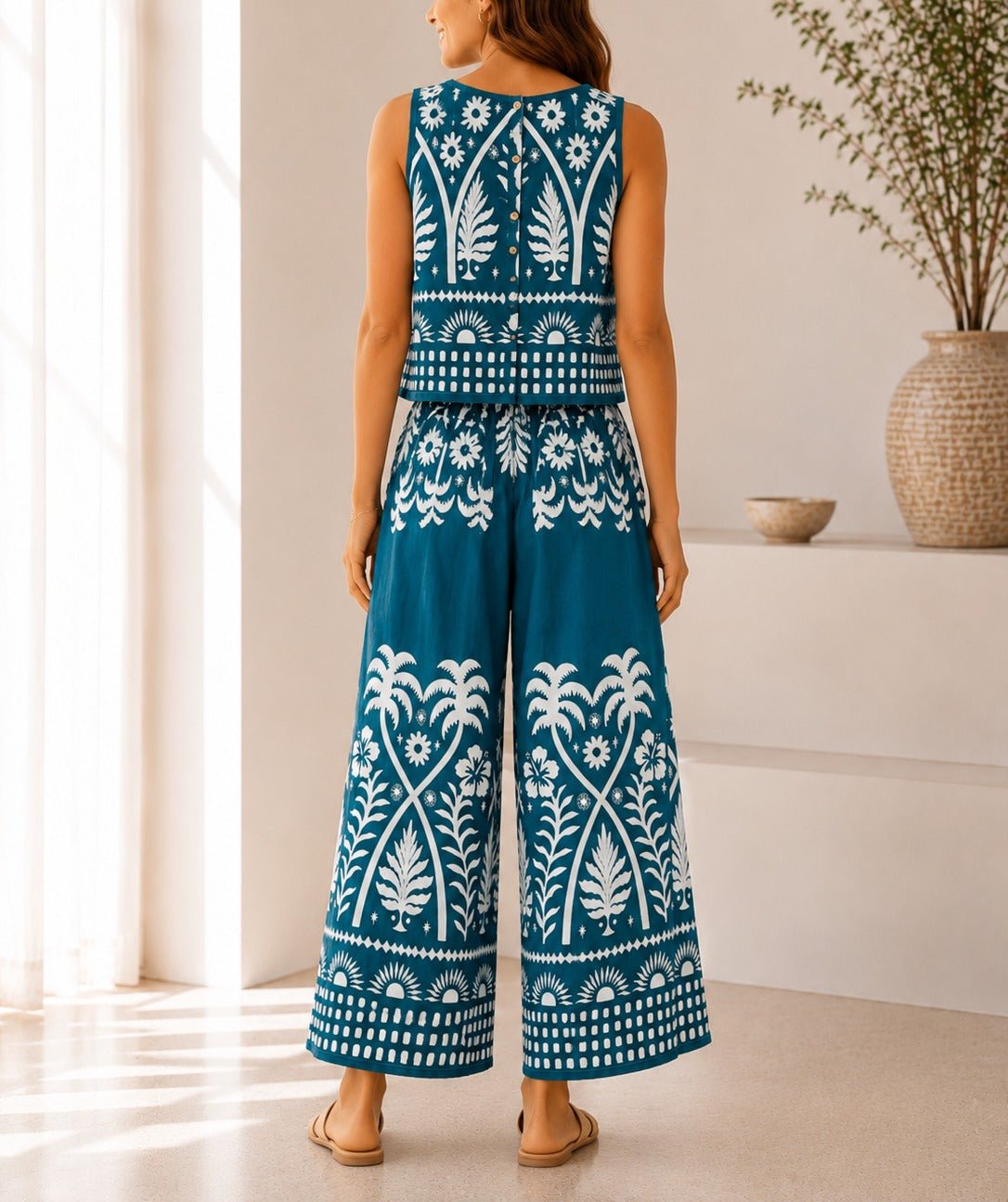 Ladies Teal Tropical Print Wide Leg Two Piece - StylePhase SA