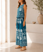 Ladies Teal Tropical Print Wide Leg Two Piece - StylePhase SA