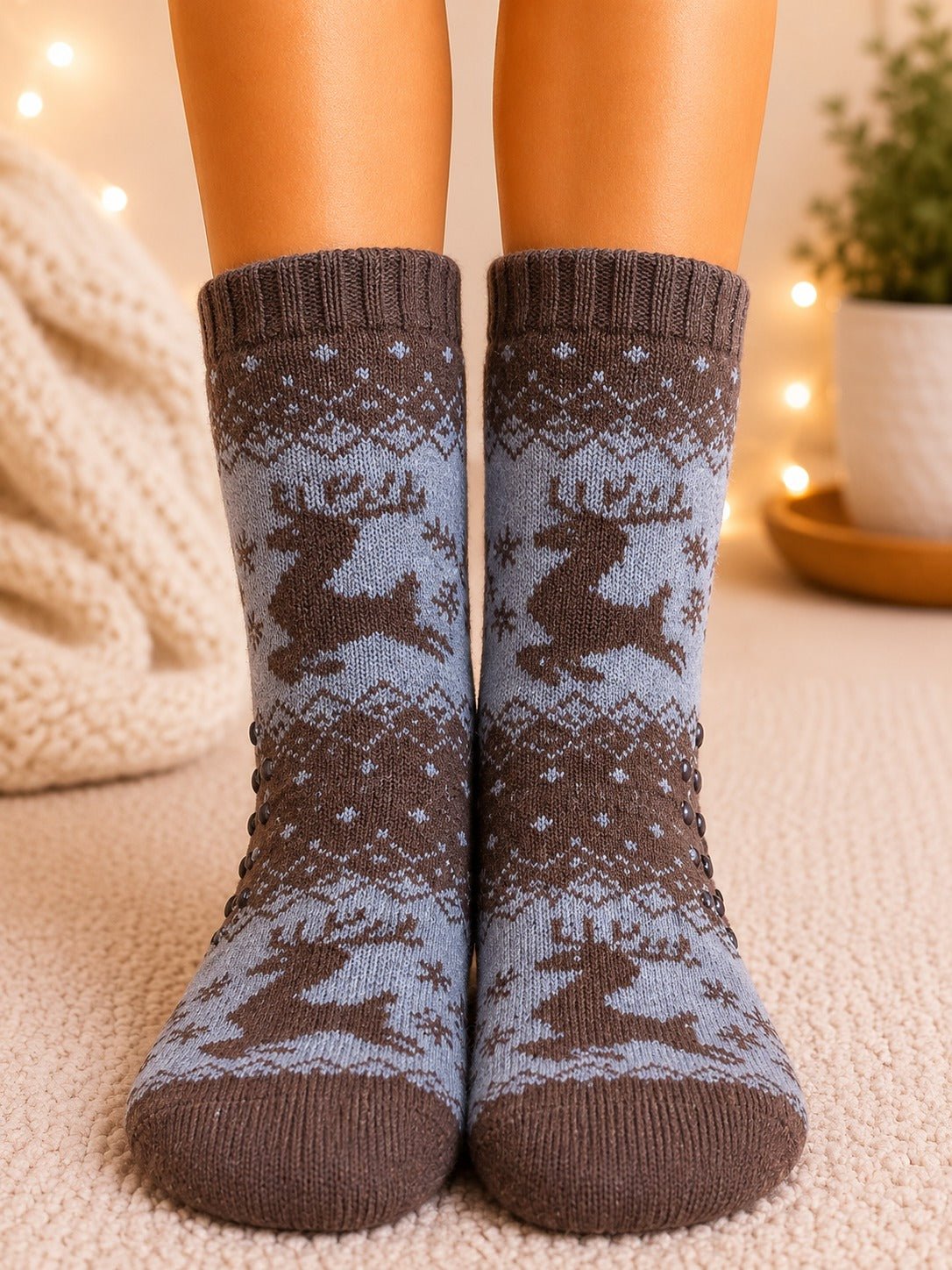 Ladies Thermal Slipper Socks - Brown And Grey - StylePhase SA