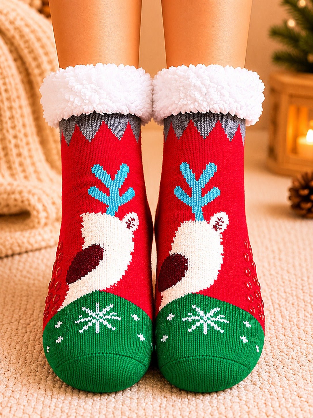 Ladies Thermal Slipper Socks - Green Rudolf - StylePhase SA