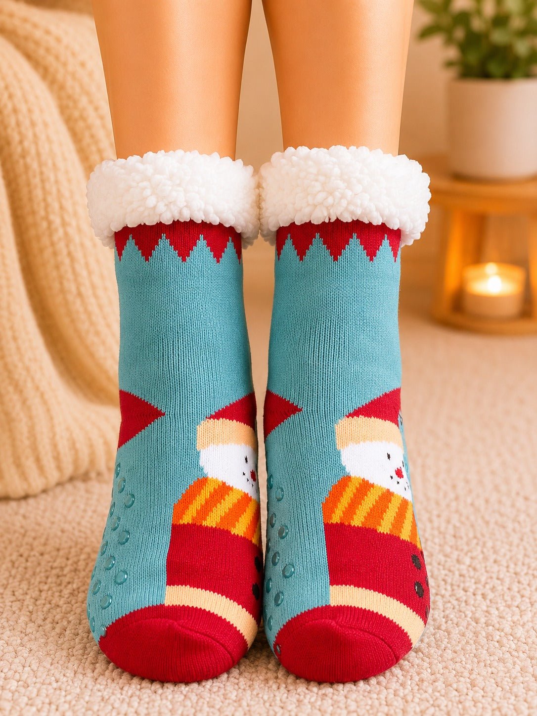 Ladies Thermal Slipper Socks - Green Snow Man - StylePhase SA