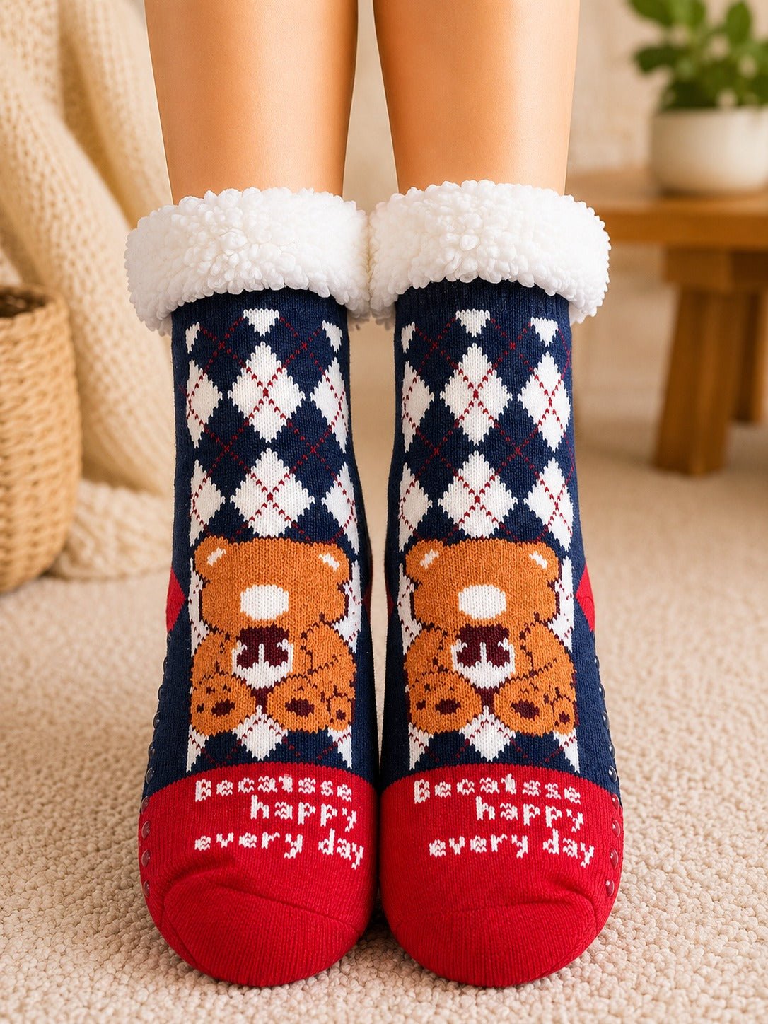 Ladies Thermal Slipper Socks - Navy Teddy Bear - StylePhase SA