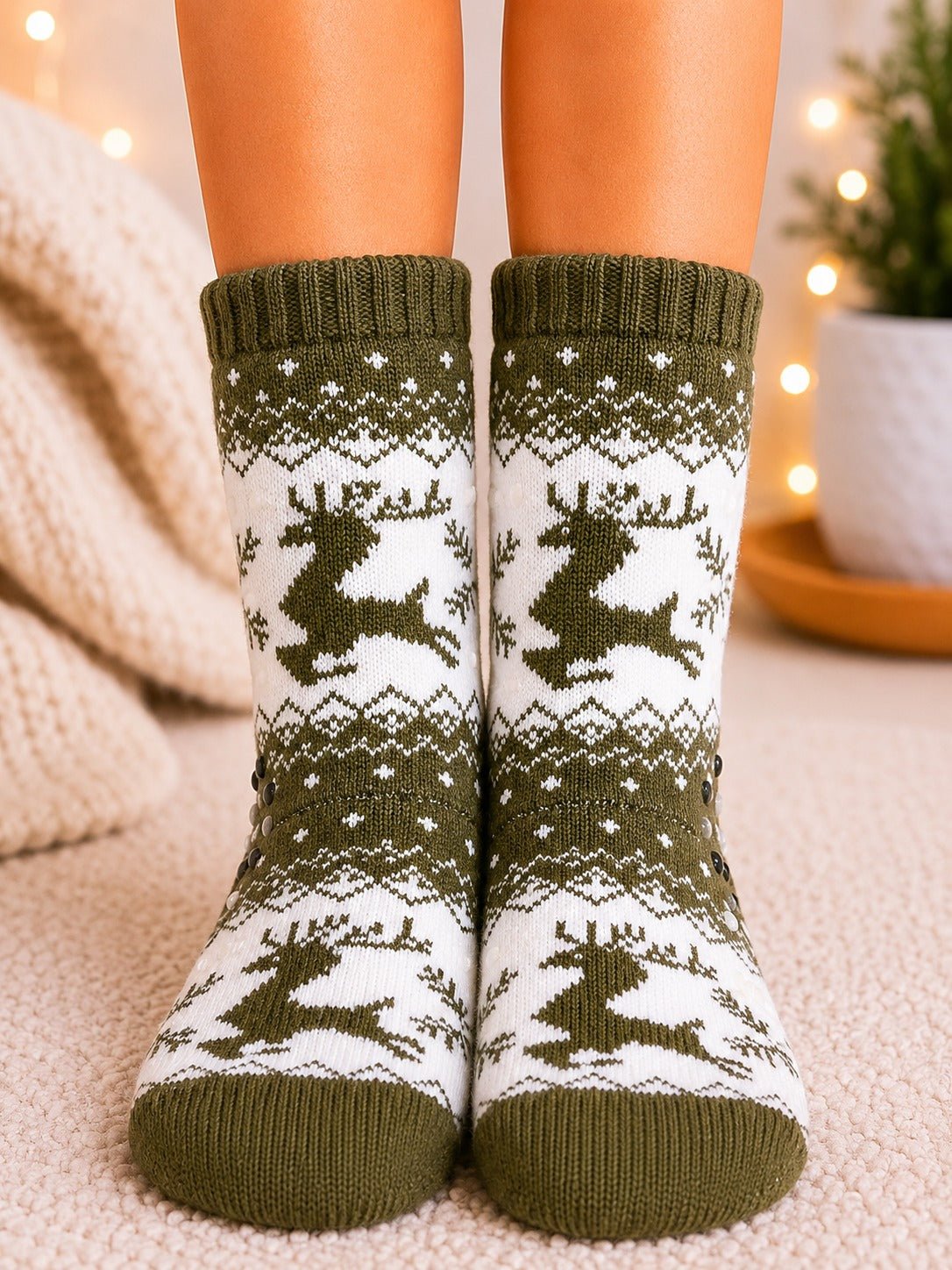 Ladies Thermal Slipper Socks - Olive And Cream - StylePhase SA