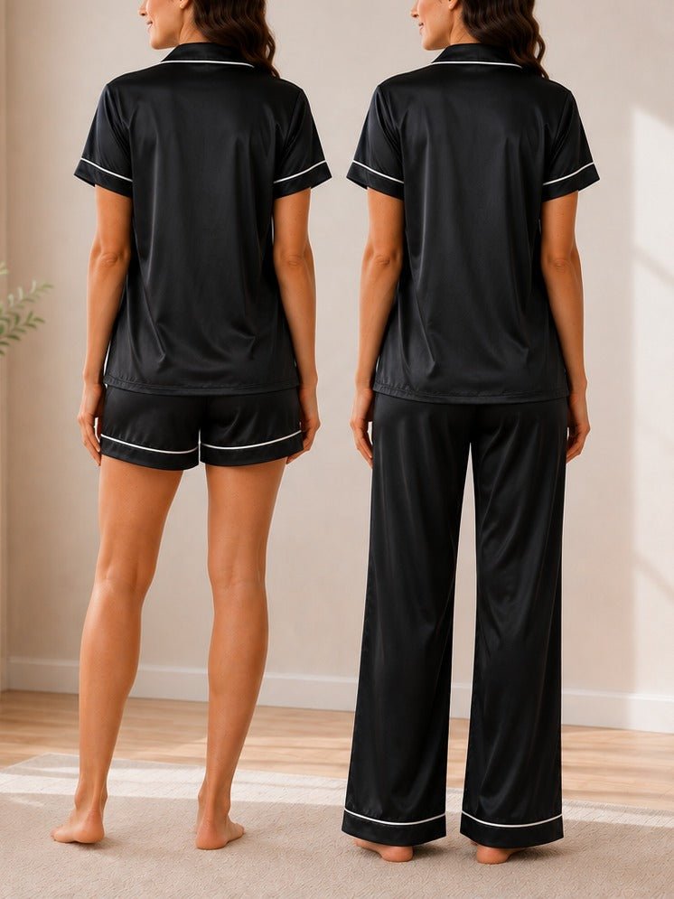 Ladies Three-Piece Black Satin Pyjama Set - StylePhase SA