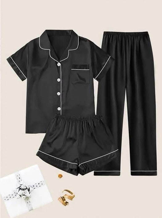 Ladies Three-Piece Black Satin Pyjama Set - StylePhase SA