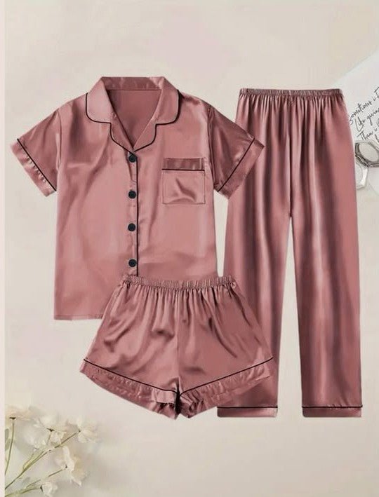 Ladies Three-Piece Mink Satin Pyjama Set - StylePhase SA