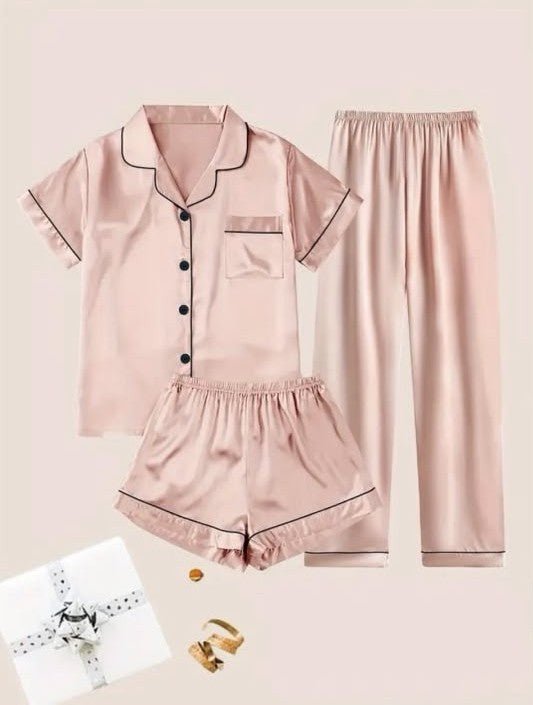 Ladies Three-Piece Peach Satin Pyjama Set - StylePhase SA