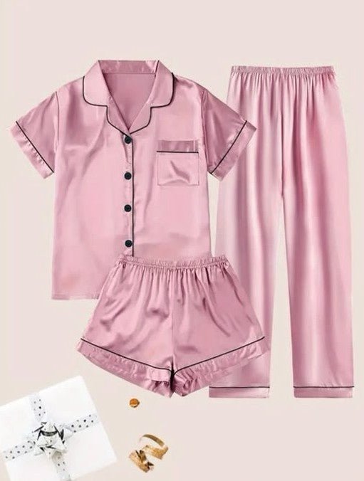 Ladies Three-Piece Pink Satin Pyjama Set - StylePhase SA