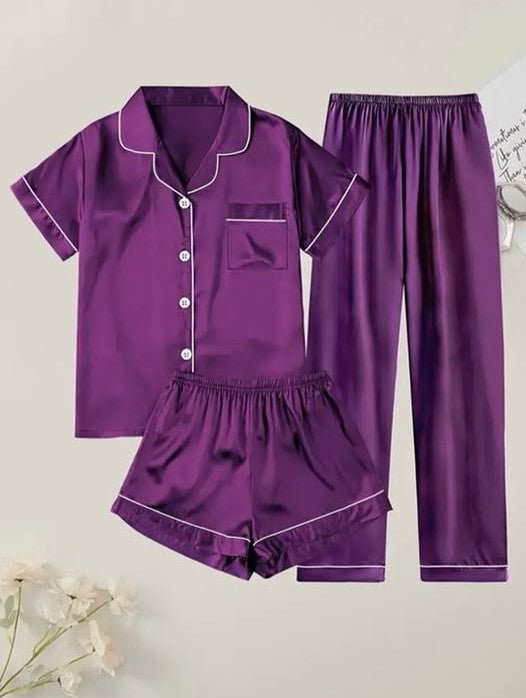 Ladies Three-Piece Purple Satin Pyjama Set - StylePhase SA