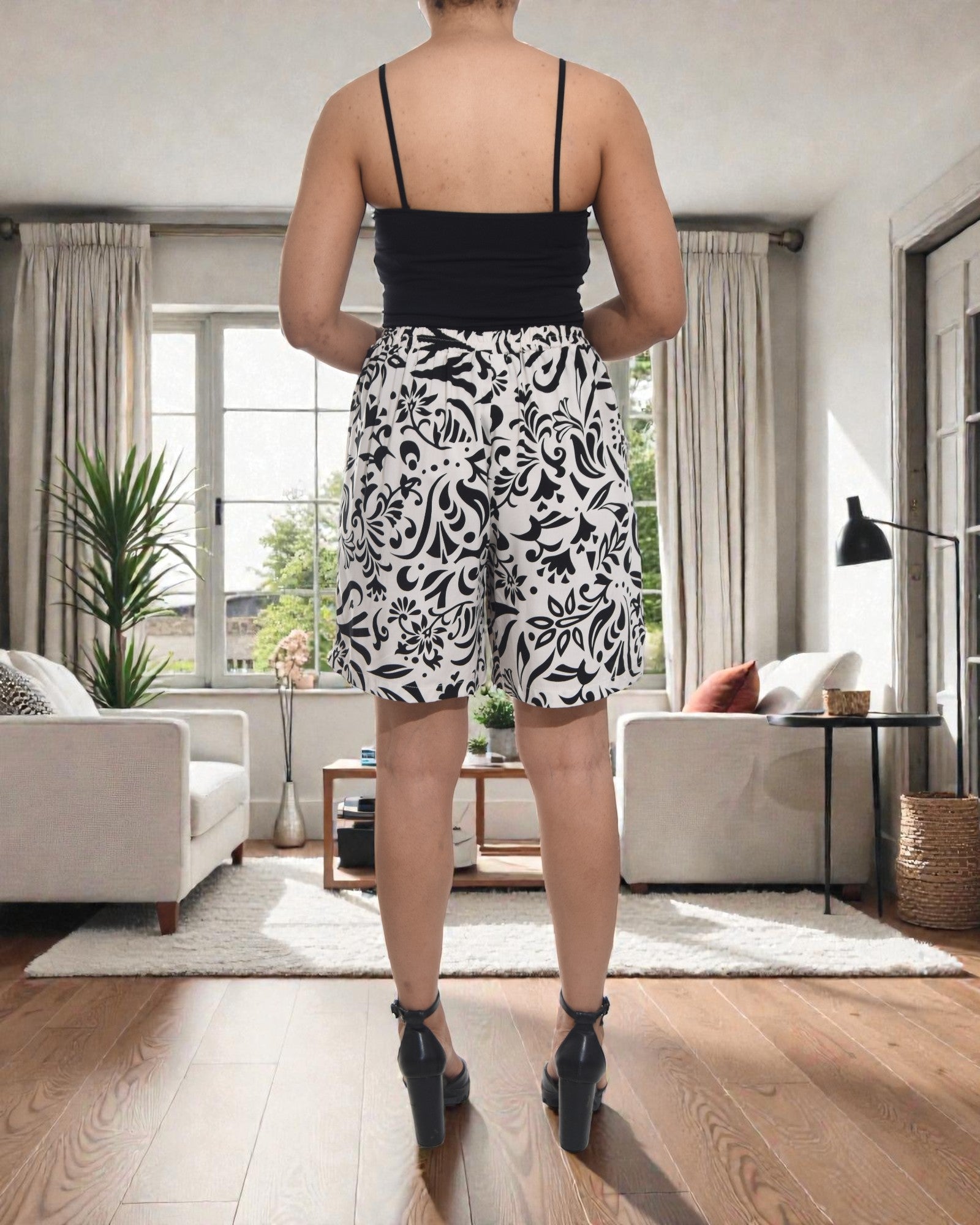 Ladies Tie Front Shorts - Black Pattern - StylePhase SA