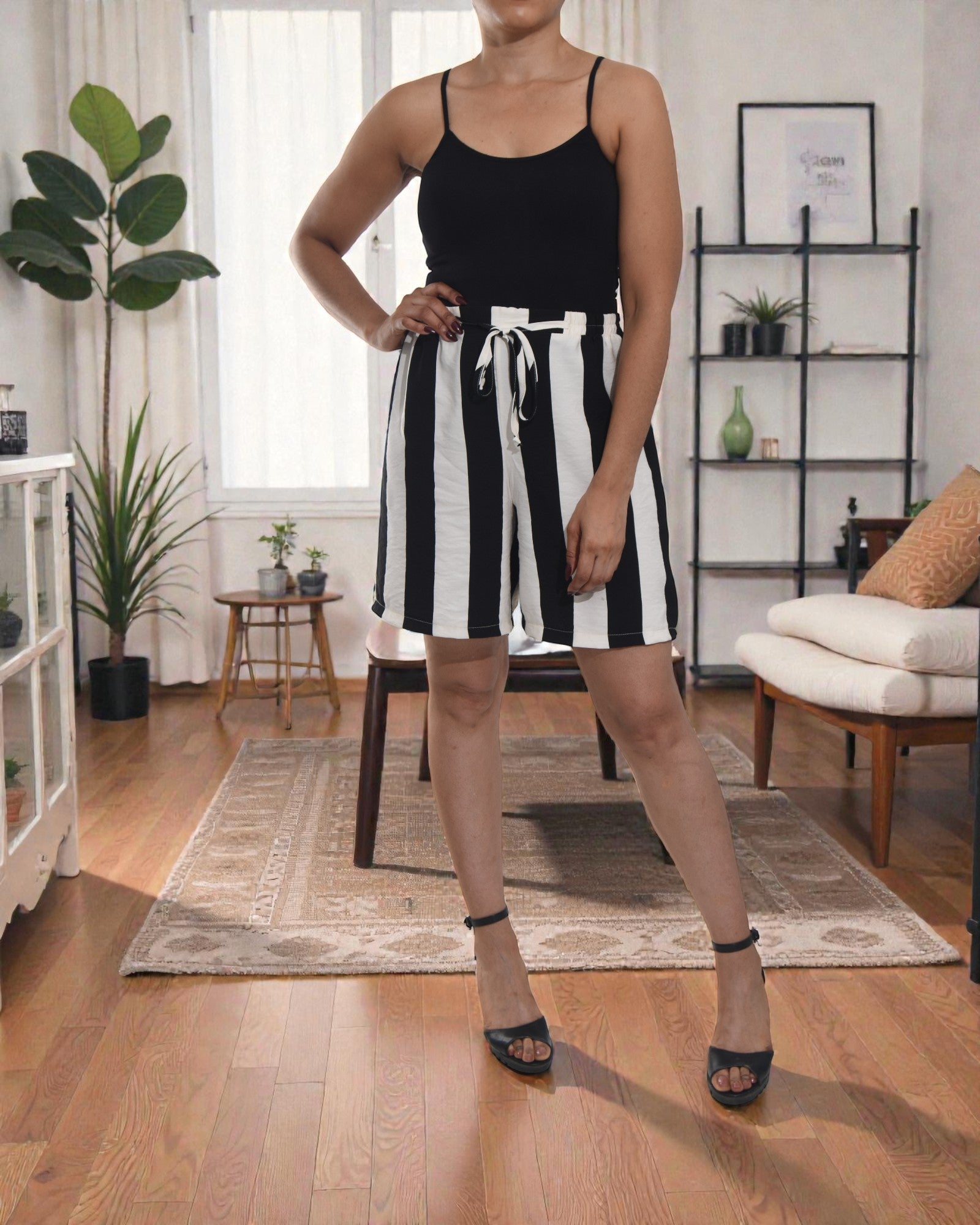 Ladies Tie Front Shorts - Black Stripe - StylePhase SA