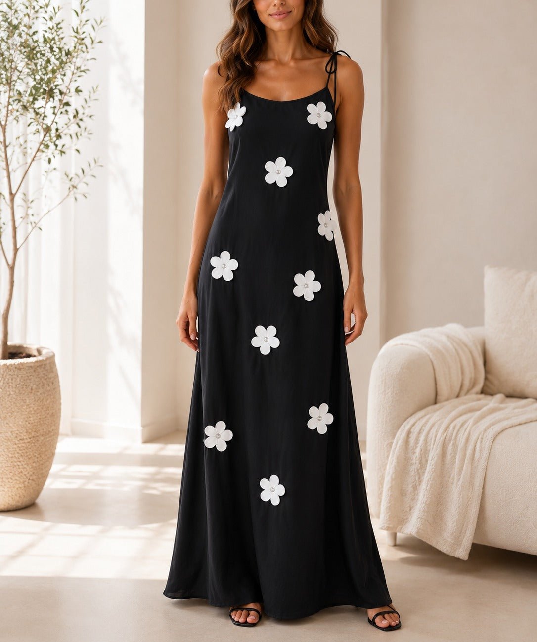 Ladies Tie Strap Black New Feeling 3D Floral Detail Dress - StylePhase SA