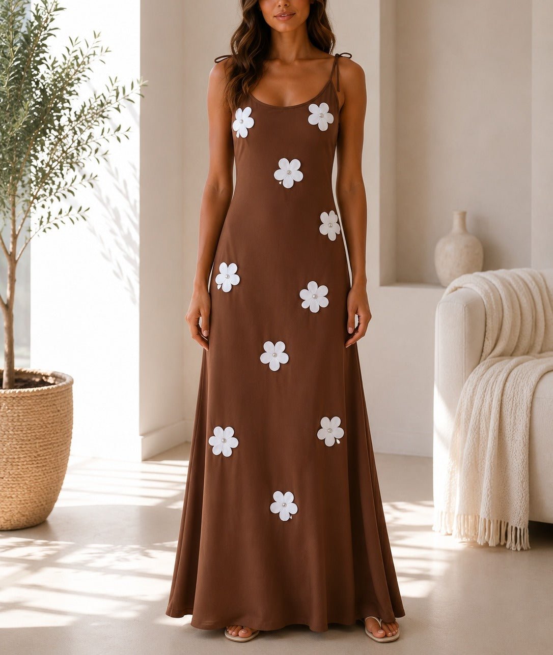 Ladies Tie Straps Brown New Feeling 3D Floral Detail Dress - StylePhase SA