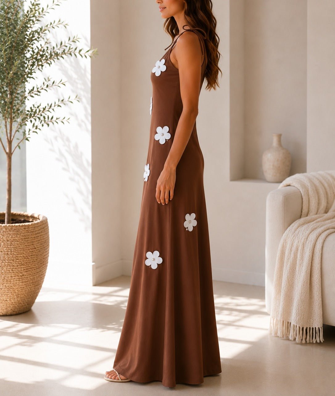 Ladies Tie Straps Brown New Feeling 3D Floral Detail Dress - StylePhase SA