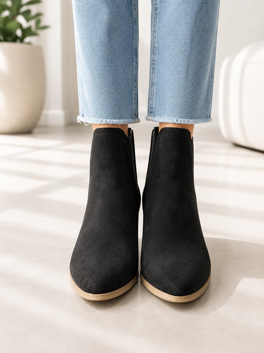 Ladies Trinity Black Perforated Block Heel Ankle Boots - StylePhase SA