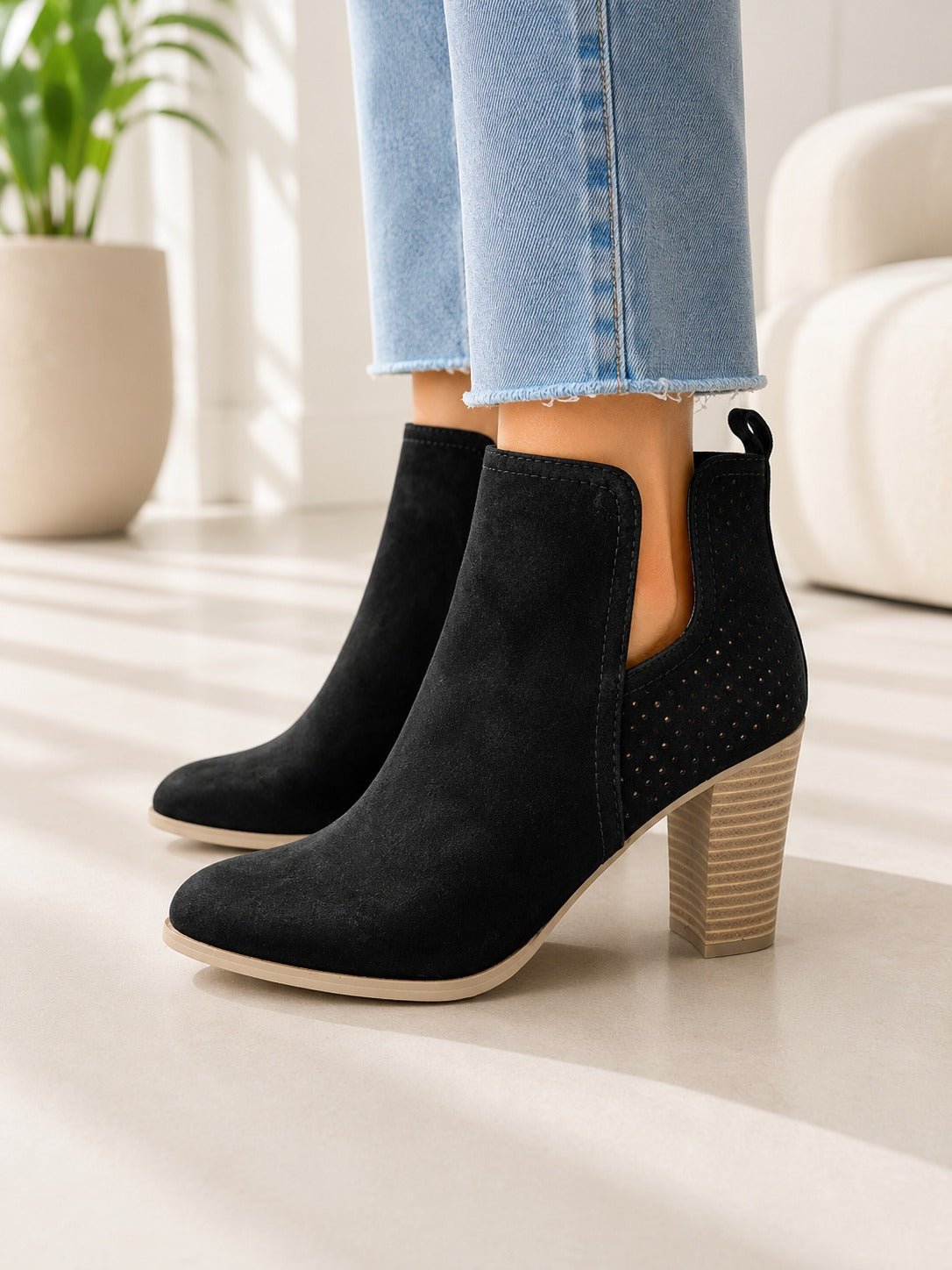 Ladies Trinity Black Perforated Block Heel Ankle Boots - StylePhase SA
