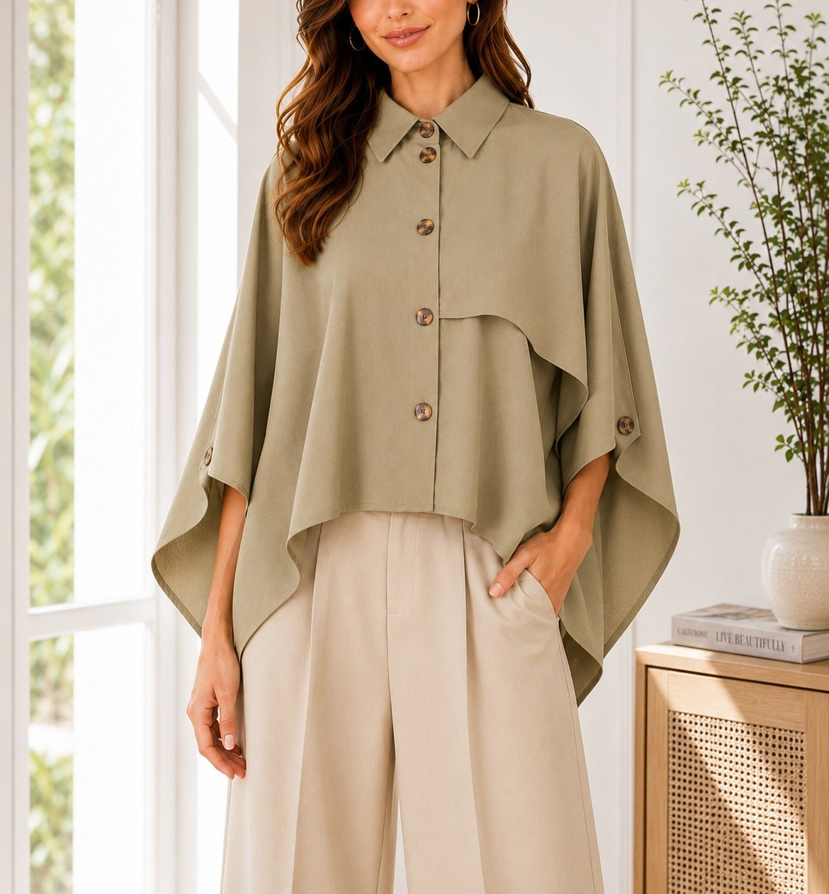 Ladies Twill Trench Cape Sleeve New Feeling Top-Khaki - StylePhase SA
