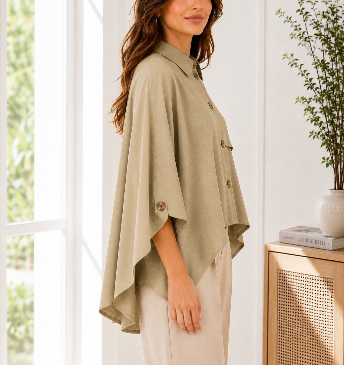Ladies Twill Trench Cape Sleeve New Feeling Top-Khaki - StylePhase SA