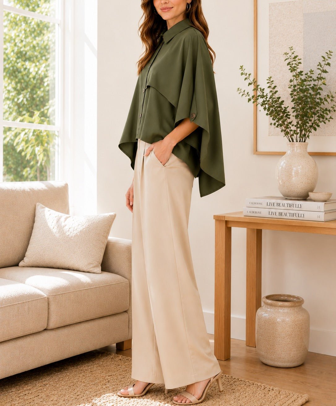 Ladies Twill Trench Cape Sleeve New Feeling Top-Olive - StylePhase SA