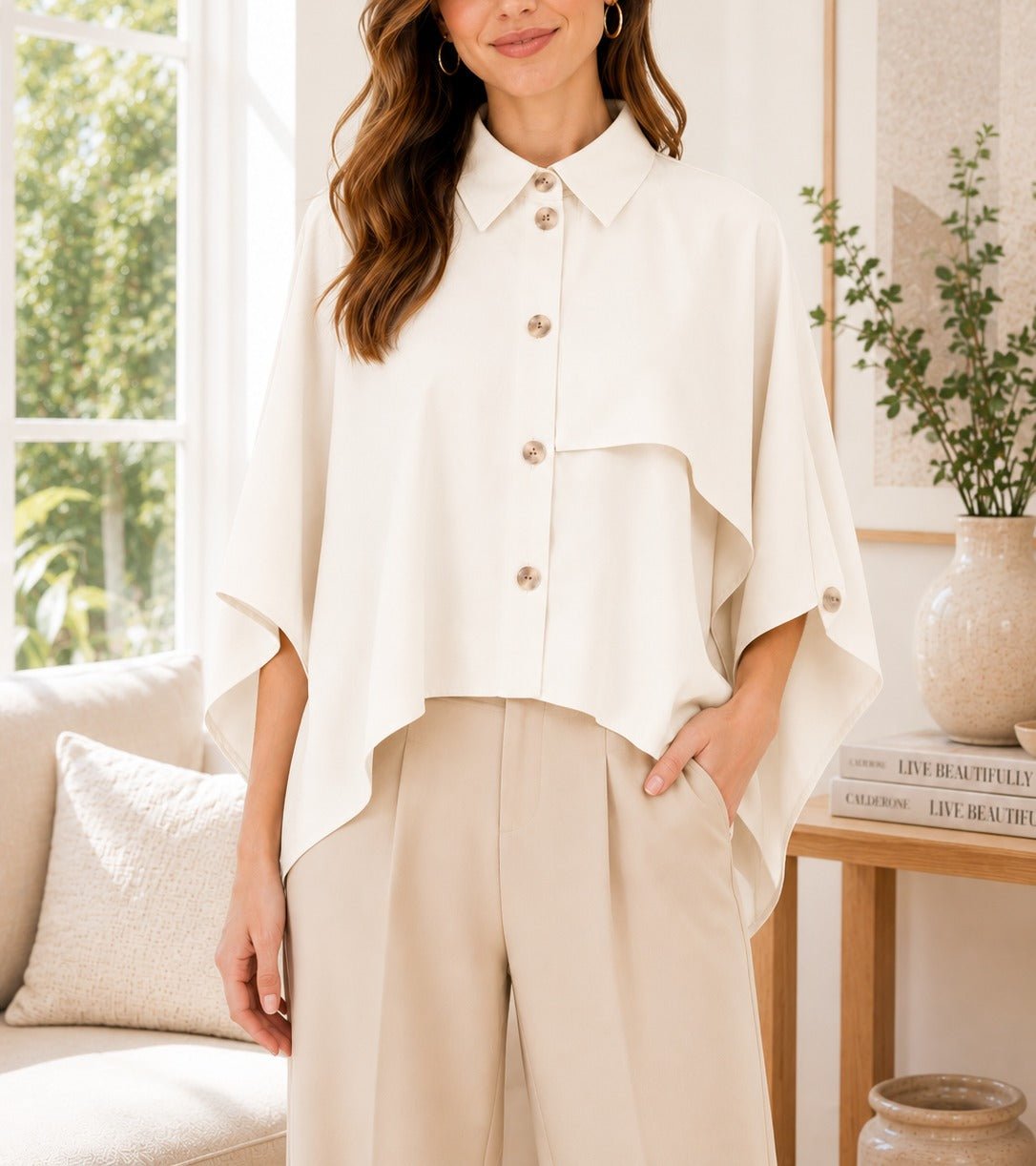 Ladies Twill Trench Cape Sleeve New Feeling Top-White - StylePhase SA