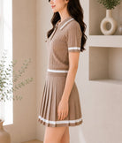 Ladies Two Piece Knit Jersey Golfer And Pleated Skirt -Beige - StylePhase SA