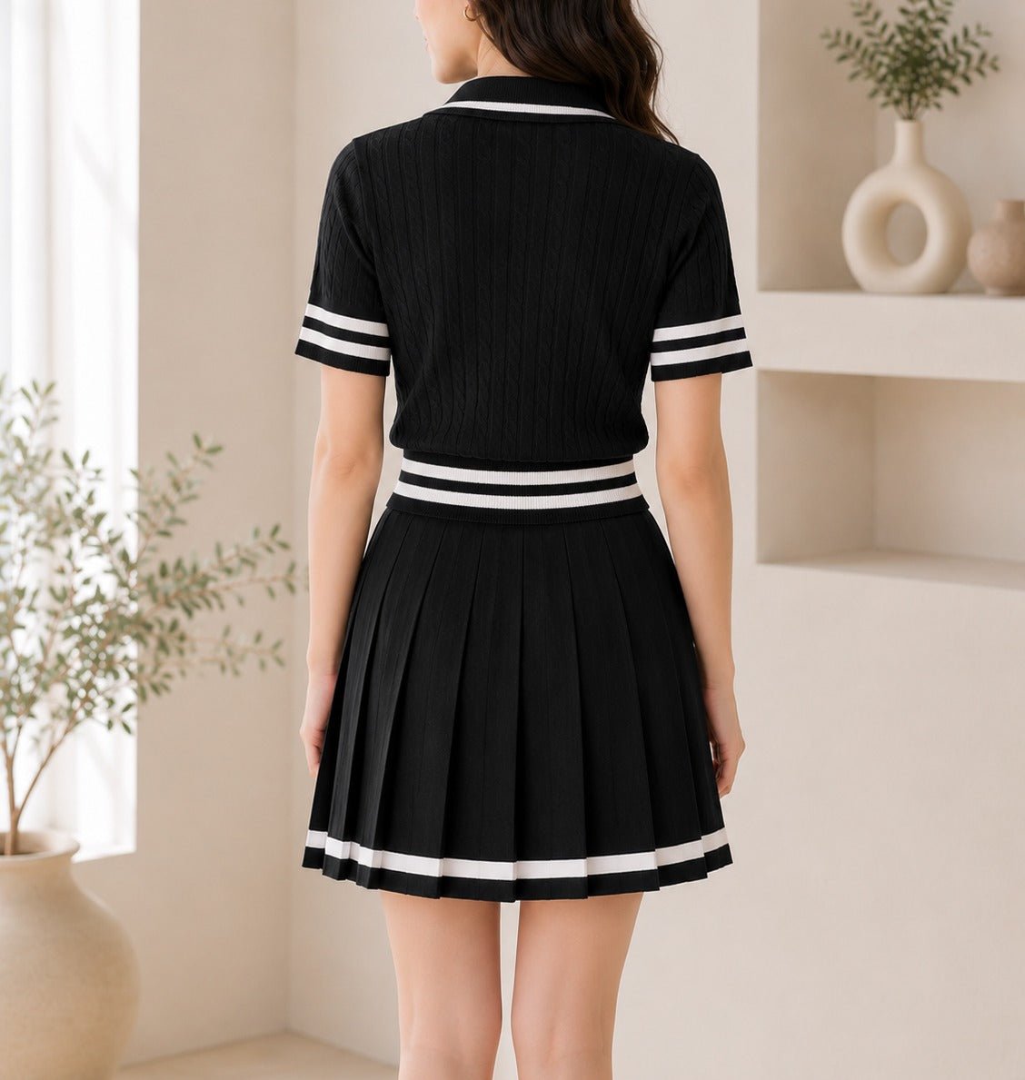 Ladies Two Piece Knit Jersey Golfer And Pleated Skirt-Black - StylePhase SA