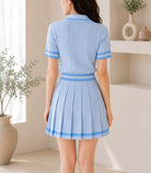 Ladies Two Piece Knit Jersey Golfer And Pleated Skirt -Blue - StylePhase SA