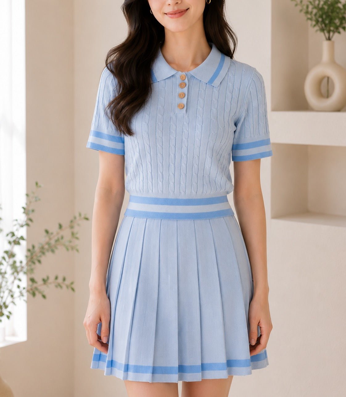 Ladies Two Piece Knit Jersey Golfer And Pleated Skirt -Blue - StylePhase SA
