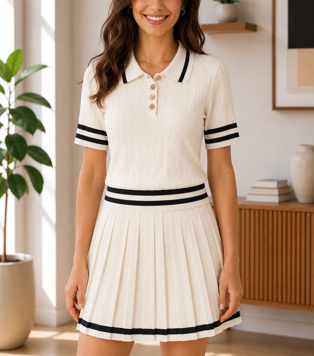 Ladies Two Piece Knit Jersey Golfer And Pleated Skirt -Cream - StylePhase SA