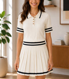 Ladies Two Piece Knit Jersey Golfer And Pleated Skirt -Cream - StylePhase SA